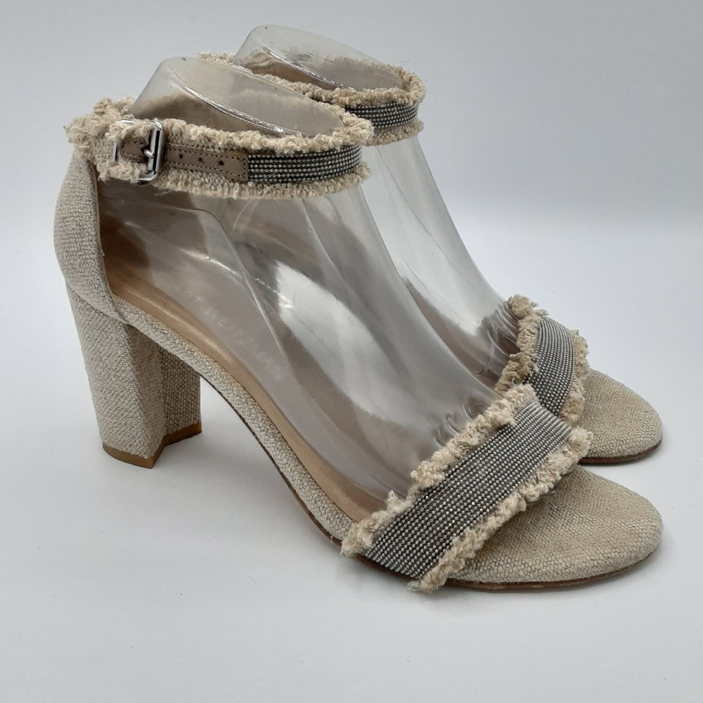 Stuart Weitzman Chaingang Frayed Linen Beaded Sandal.